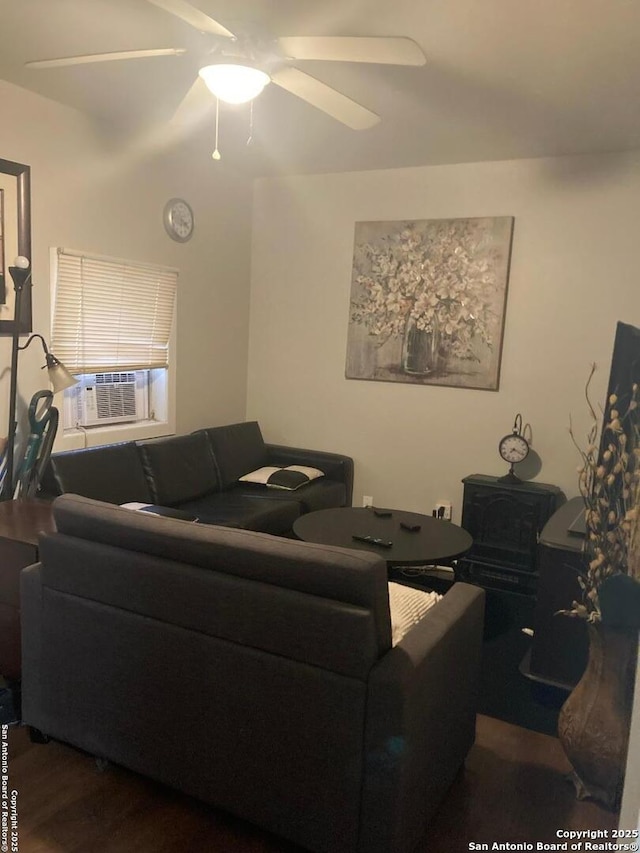 1915 Pasadena St, San Antonio, TX 78201 - living area with cooling unit, a ceiling fan, and dark wood finished floors