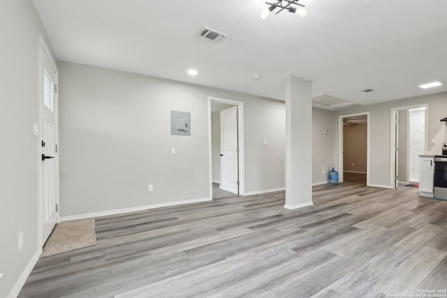 1360 Essex, San Antonio, TX 78210 - unfurnished living room with visible vents, baseboards, light wood-style floors, and electric panel