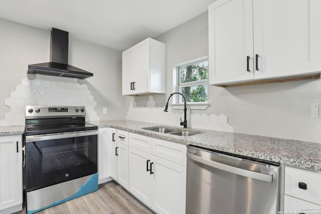 1360 Essex, San Antonio, TX 78210 - kitchen featuring a sink, wall chimney range hood, white cabinetry, stainless steel appliances, and decorative backsplash