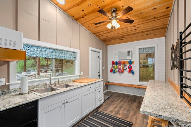 kitchen featuring a wall mounted air conditioner, a ceiling fan, a sink, wooden ceiling, and dark wood-type flooring