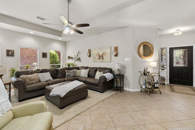 4 Andover Creek Dr, San Antonio, TX 78254 - living area with light tile patterned floors, ceiling fan, recessed lighting, baseboards, and a tray ceiling