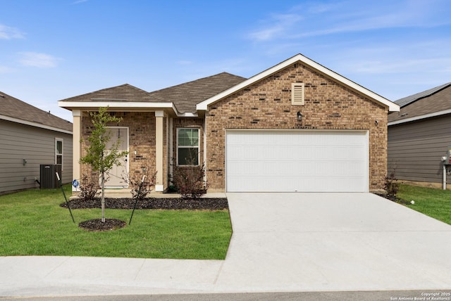 7415 Cheetah Pass, San Antonio, TX 78253 - single story home with concrete driveway, a front lawn, an attached garage, brick siding, and a shingled roof