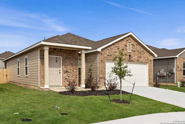 7415 Cheetah Pass, San Antonio, TX 78253 - ranch-style home featuring brick siding, driveway, an attached garage, and a front lawn
