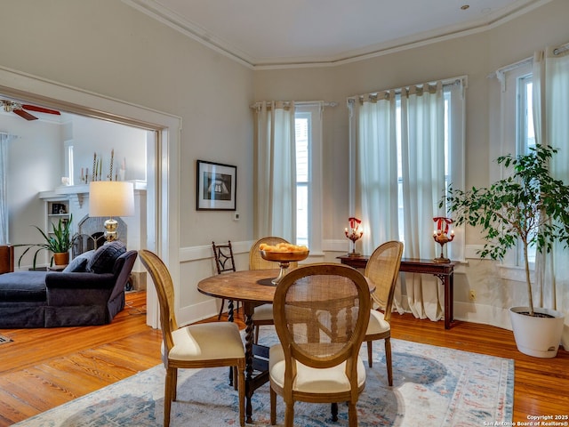 dining space with ornamental molding, a ceiling fan, and wood finished floors