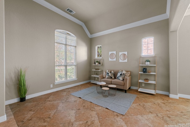 sitting room featuring vaulted ceiling, baseboards, ornamental molding, and visible vents