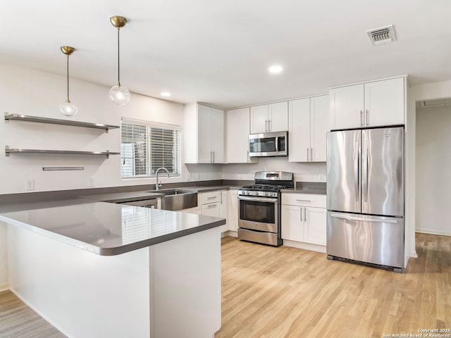 kitchen featuring a peninsula, a sink, white cabinets, and stainless steel appliances