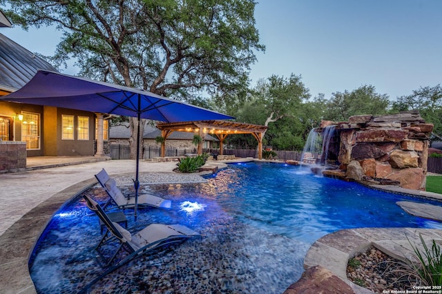 206 Hornpipe, San Antonio, TX 78260 - view of swimming pool with a patio area, a fenced backyard, a fenced in pool, and a pergola
