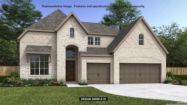 12806 Brady Lgts, San Antonio, TX 78245 - french provincial home featuring roof with shingles, fence, stone siding, a front lawn, and concrete driveway