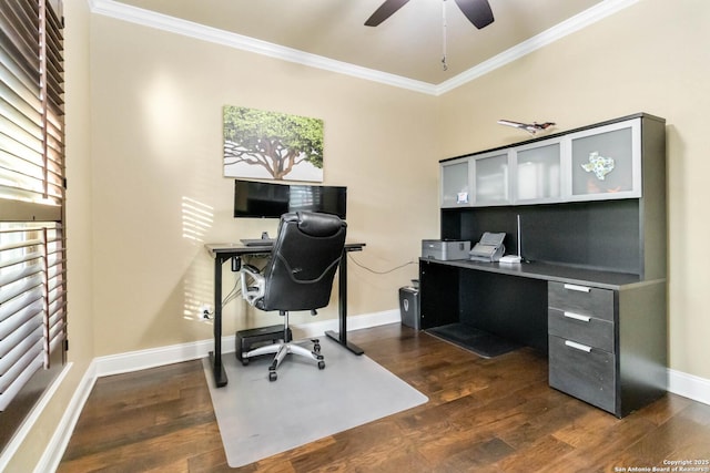 500 Pecan Farms, New Braunfels, TX 78130 - office space featuring dark wood-style floors, a ceiling fan, ornamental molding, and baseboards