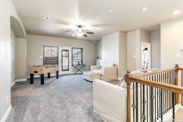 500 Pecan Farms, New Braunfels, TX 78130 - living room featuring visible vents, baseboards, a ceiling fan, and carpet floors