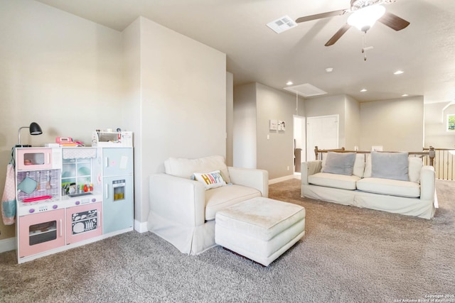 500 Pecan Farms, New Braunfels, TX 78130 - living area with visible vents, ceiling fan, attic access, and carpet floors