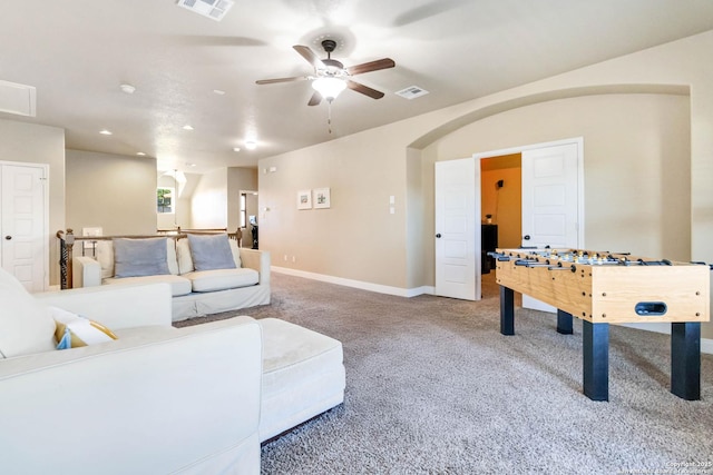 500 Pecan Farms, New Braunfels, TX 78130 - recreation room featuring arched walkways, visible vents, a ceiling fan, and carpet flooring