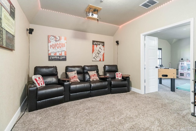 500 Pecan Farms, New Braunfels, TX 78130 - cinema with carpet flooring, visible vents, baseboards, and vaulted ceiling