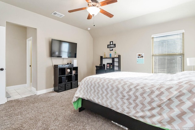 500 Pecan Farms, New Braunfels, TX 78130 - bedroom with baseboards, a ceiling fan, carpet floors, visible vents, and lofted ceiling