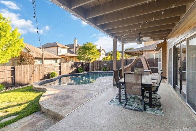 500 Pecan Farms, New Braunfels, TX 78130 - view of swimming pool with a fenced in pool, a water slide, a patio area, a fenced backyard, and ceiling fan