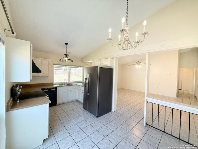 7401 Oak Marsh, Live Oak, TX 78233 - kitchen with white cabinetry, black dishwasher, light tile patterned flooring, stainless steel refrigerator with ice dispenser, and lofted ceiling