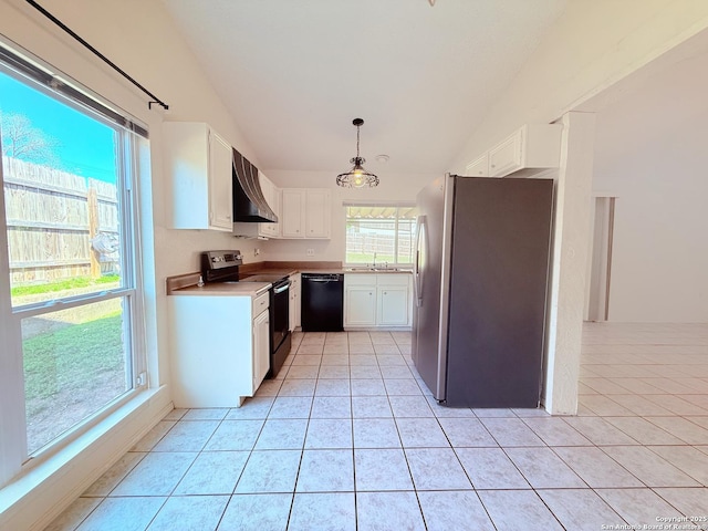 7401 Oak Marsh, Live Oak, TX 78233 - kitchen with freestanding refrigerator, light tile patterned floors, wall chimney range hood, black dishwasher, and range with electric stovetop
