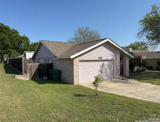 7401 Oak Marsh, Live Oak, TX 78233 - view of side of property with a lawn, fence, brick siding, an attached garage, and concrete driveway