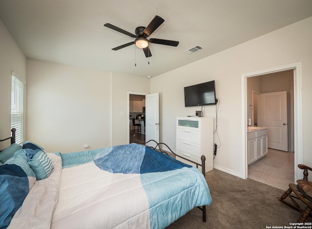 6810 Courante Waltz, San Antonio, TX 78252 - bedroom with visible vents, baseboards, a ceiling fan, and light colored carpet