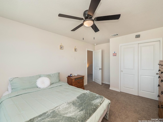 6810 Courante Waltz, San Antonio, TX 78252 - bedroom with a closet, a ceiling fan, visible vents, carpet flooring, and baseboards