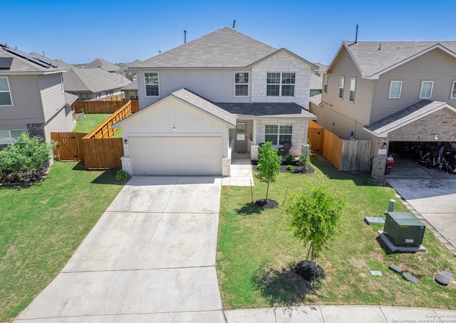 6810 Courante Waltz, San Antonio, TX 78252 - traditional-style home featuring stone siding, a garage, fence, concrete driveway, and a front lawn