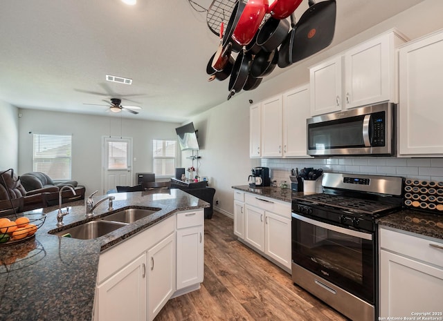 6810 Courante Waltz, San Antonio, TX 78252 - kitchen featuring visible vents, a sink, open floor plan, ceiling fan, and appliances with stainless steel finishes