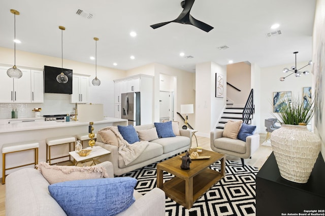 1019 S Hackberry, San Antonio, TX 78210 - living area featuring recessed lighting, stairs, visible vents, and ceiling fan