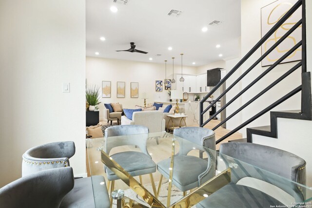 1019 S Hackberry, San Antonio, TX 78210 - dining space featuring recessed lighting, stairs, visible vents, and a ceiling fan