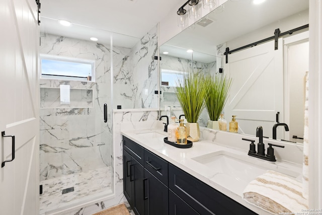 1019 S Hackberry, San Antonio, TX 78210 - full bath with double vanity, visible vents, a sink, and a marble finish shower