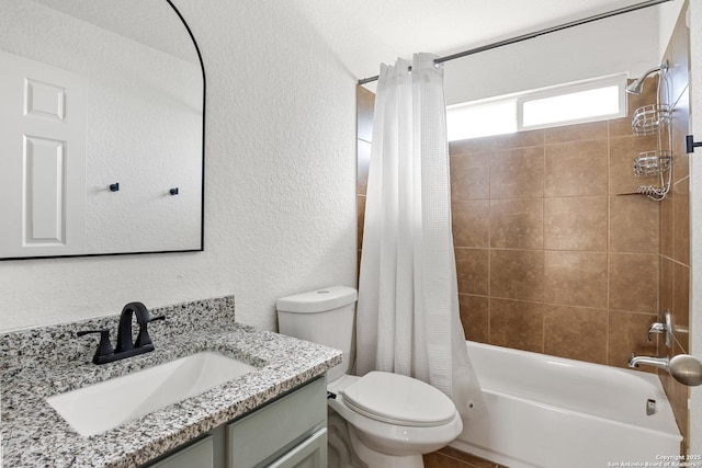 9311 Longmire, San Antonio, TX 78245 - full bath with toilet, shower / bath combo, vanity, and a textured wall