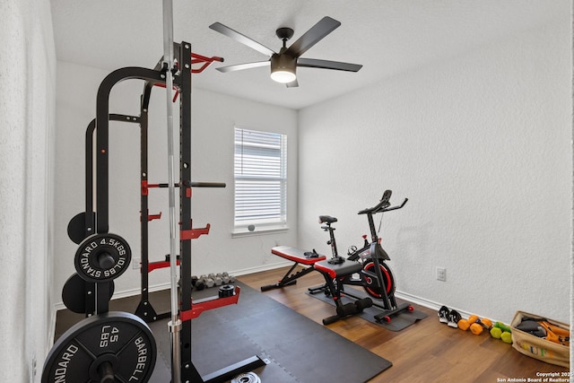 9311 Longmire, San Antonio, TX 78245 - workout area featuring wood finished floors, ceiling fan, and baseboards