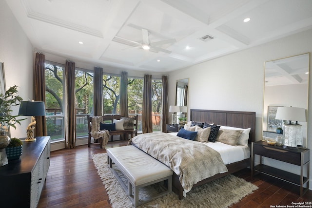 bedroom with visible vents, beamed ceiling, dark wood-type flooring, recessed lighting, and coffered ceiling