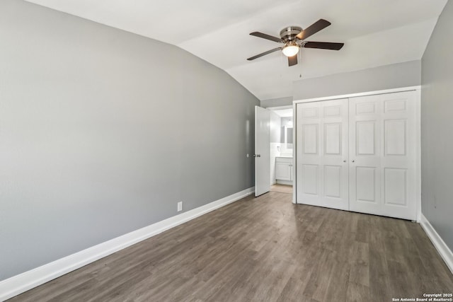 2415 Spicewood, San Antonio, TX 78213 - unfurnished bedroom featuring lofted ceiling, wood finished floors, a closet, baseboards, and ceiling fan