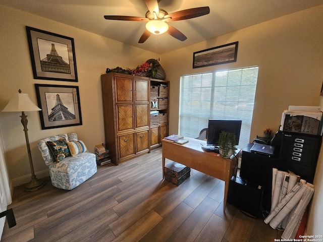 home office featuring a ceiling fan and wood finished floors