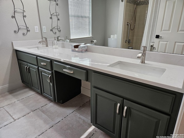 full bathroom featuring a sink, toilet, double vanity, and a shower with shower curtain