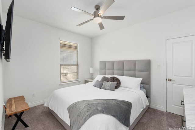 bedroom with baseboards, carpet floors, and ceiling fan