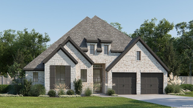 1913 Luna St, New Braunfels, TX 78132 - french provincial home featuring concrete driveway, roof with shingles, stone siding, a front lawn, and a garage