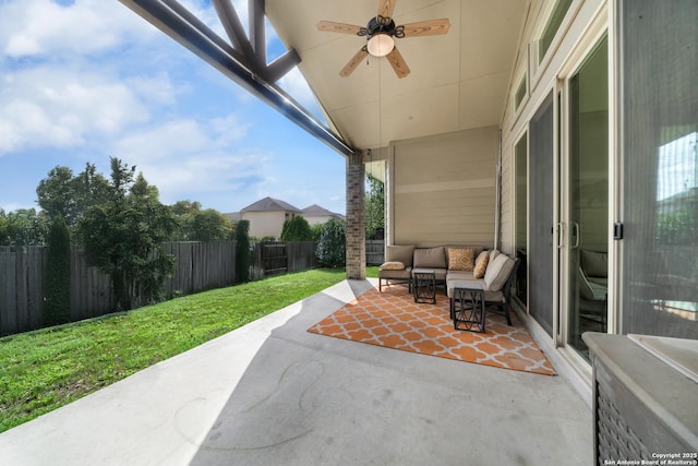 11347 Phoebe Lace, San Antonio, TX 78253 - view of patio featuring a fenced backyard, an outdoor hangout area, and ceiling fan