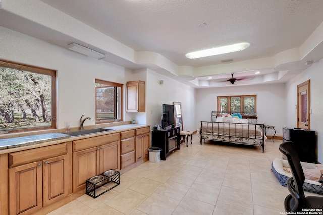kitchen with ceiling fan, a tray ceiling, a sink, light countertops, and plenty of natural light