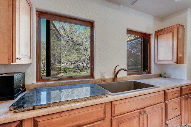 kitchen with a sink, light countertops, a wealth of natural light, and a textured wall