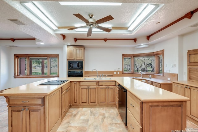 kitchen with a raised ceiling, a sink, light countertops, and black appliances