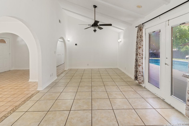 6826 Horwich, San Antonio, TX 78239 - spare room featuring baseboards, light tile patterned floors, french doors, beam ceiling, and ceiling fan