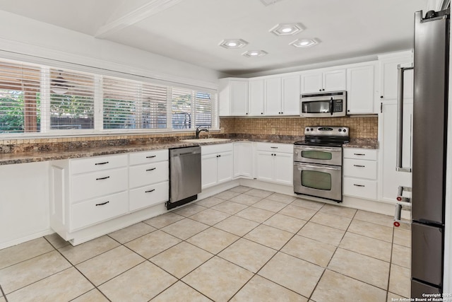 6826 Horwich, San Antonio, TX 78239 - kitchen with white cabinets, a sink, decorative backsplash, and appliances with stainless steel finishes