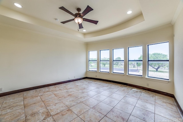 12022 Del Rio Run, San Antonio, TX 78245 - spare room with baseboards, ornamental molding, recessed lighting, a tray ceiling, and ceiling fan