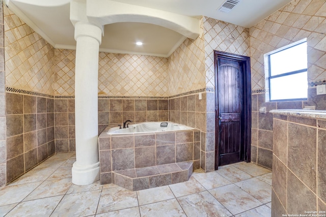 12022 Del Rio Run, San Antonio, TX 78245 - full bath featuring visible vents, tile walls, a garden tub, and ornamental molding