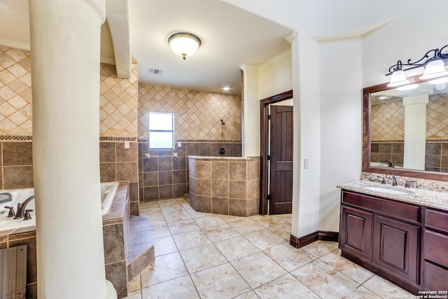 12022 Del Rio Run, San Antonio, TX 78245 - full bathroom featuring a walk in shower, radiator, vanity, tile patterned floors, and a garden tub