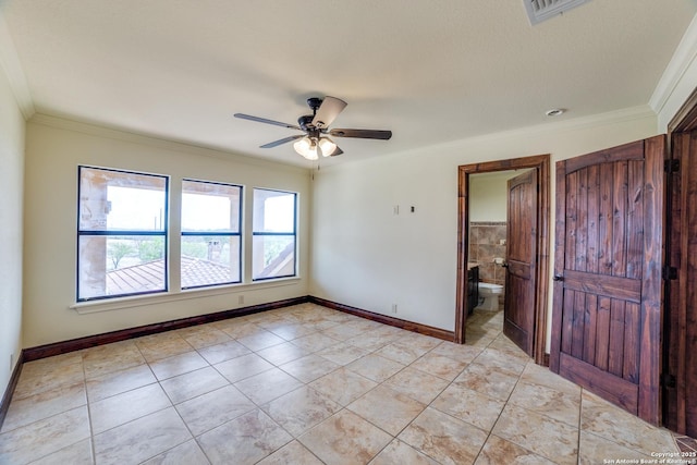 12022 Del Rio Run, San Antonio, TX 78245 - unfurnished room with baseboards, crown molding, a ceiling fan, light tile patterned flooring, and visible vents