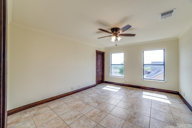 12022 Del Rio Run, San Antonio, TX 78245 - empty room featuring visible vents, baseboards, light tile patterned floors, ornamental molding, and a ceiling fan