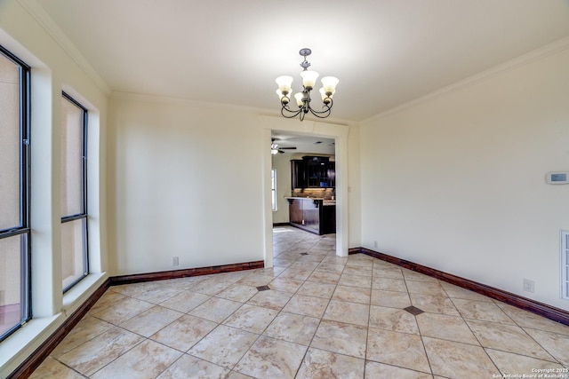 12022 Del Rio Run, San Antonio, TX 78245 - unfurnished room with light tile patterned floors, baseboards, an inviting chandelier, and crown molding
