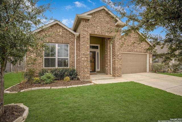 ranch-style home featuring brick siding, driveway, an attached garage, and a front lawn
